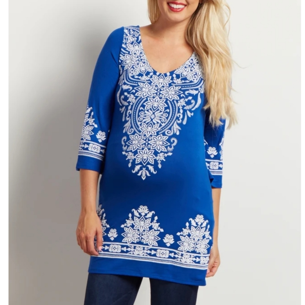 Royal Blue Printed 3/4 Sleeve Maternity Tunic